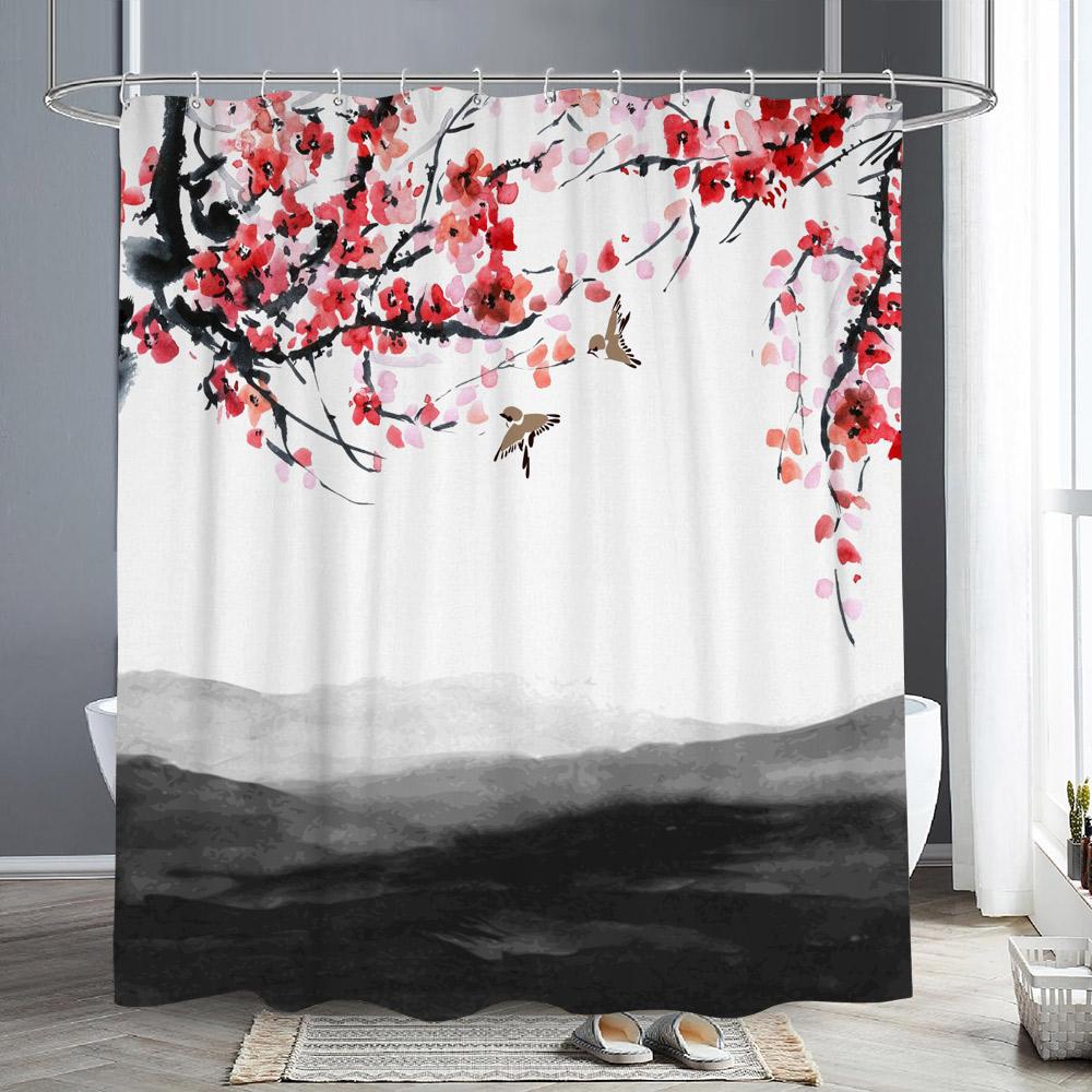 Ветка цветущей красной сливы Японская китайская занавеска для душа Восточное солнце Туманные горы Чернила Природа Пейзаж Ванная комната Искусство Шторы