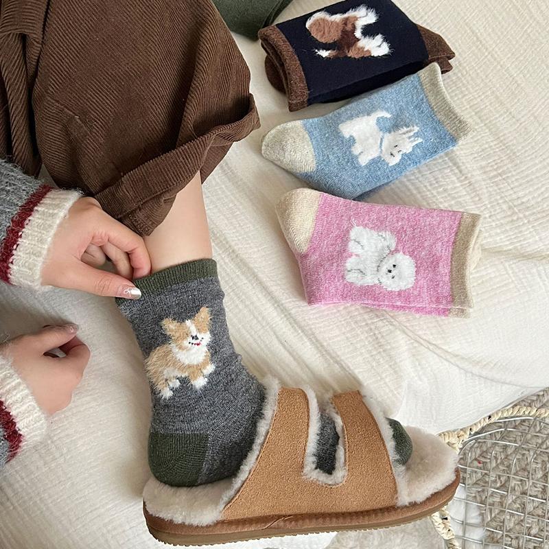 Spring and Autumn Cotton Wool Puppy Cartoon Socks Cute Style Plush Academy Style Color Blocked Stacking Socks
