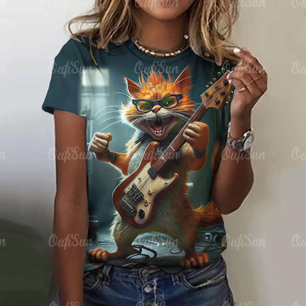 Summer Women's T-Shirt Rock Cat 3D Printed Short Sleeve Female T-Shirt Hip Hop Couple T-Shirts