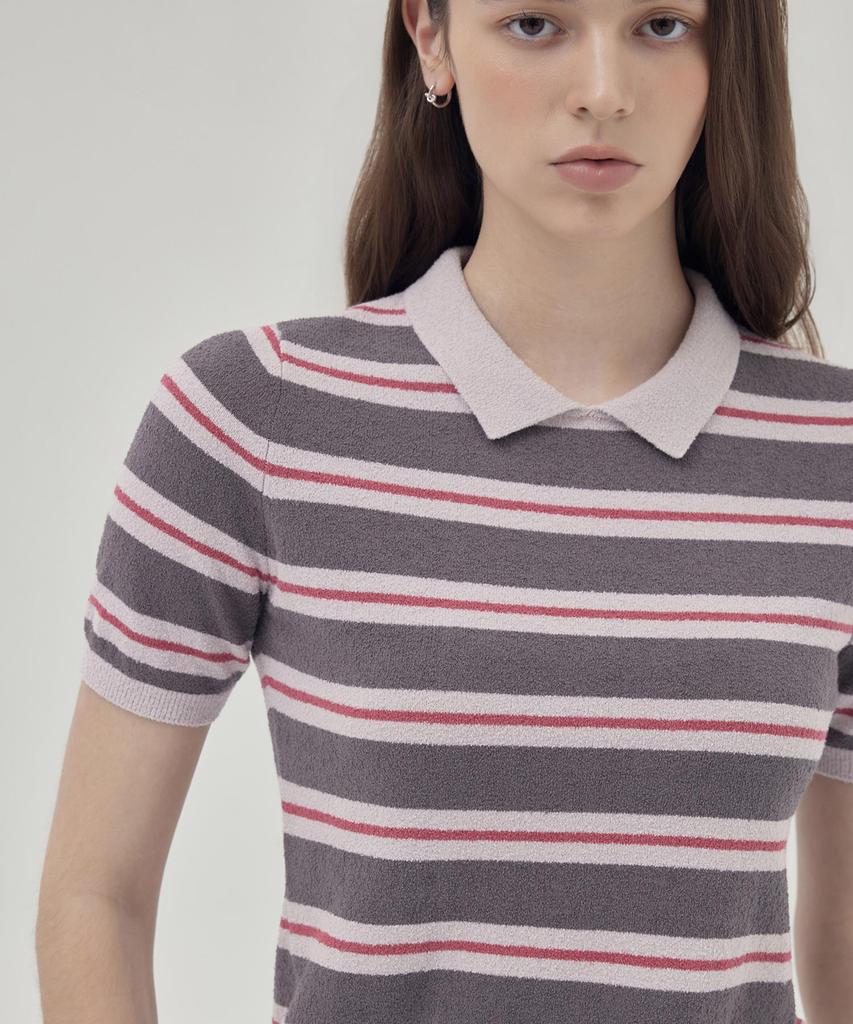 THEKNITCOMPANY Campis Cotton Striped Polo Shirt - Langueid Lavender