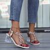 2023 Plus Size Rhinestone Butterfly Square Toe Sandals with Crystal Chunky Transparent Heels for Women