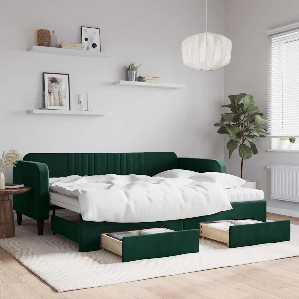Extendable Daybed with Drawers Dark Green 90x200 cm Velvet