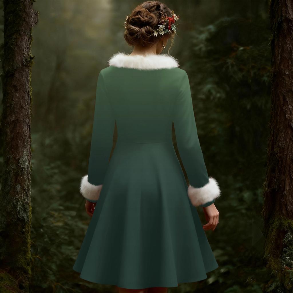 Женское повседневное платье с V-образным вырезом, рождественским принтом, плюшевыми длинными рукавами