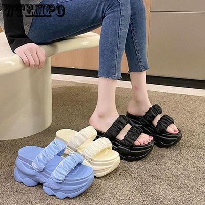 Женские летние сандалии Muffin на толстой подошве, однотонные атласные мягкие подошвы с открытым носком, увеличивающие объем и дышащие, модные и универсальные тапочки без шнуровки