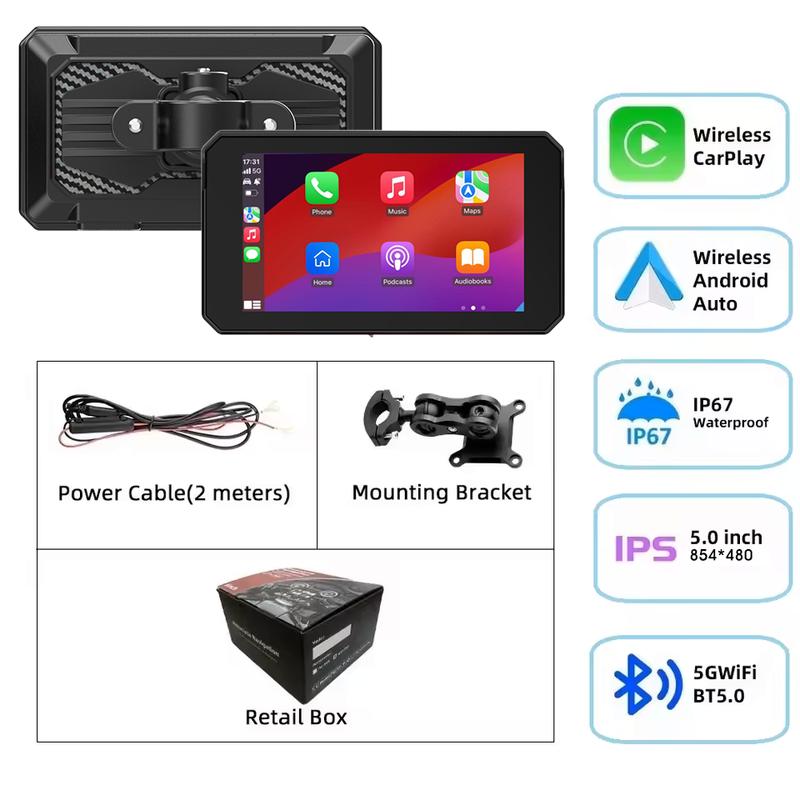 5-дюймовый портативный GPS-навигатор для мотоцикла, беспроводные Carplay и Android Auto, сенсорный экран, водонепроницаемость IP67, мультимедийный плеер