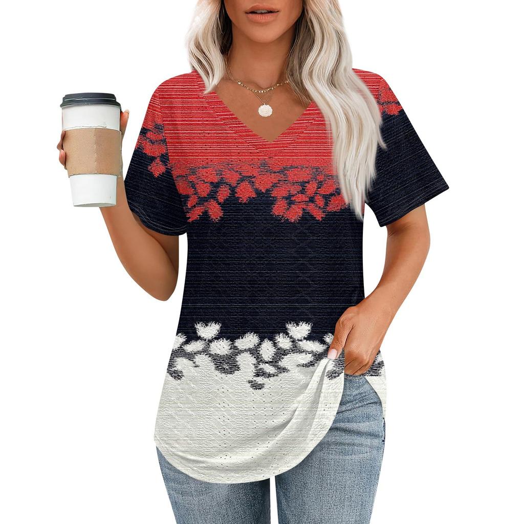 Womens T Shirts V Neck Short Sleeve Casual Tops Loose Fit Basic Tees With Curved Hem