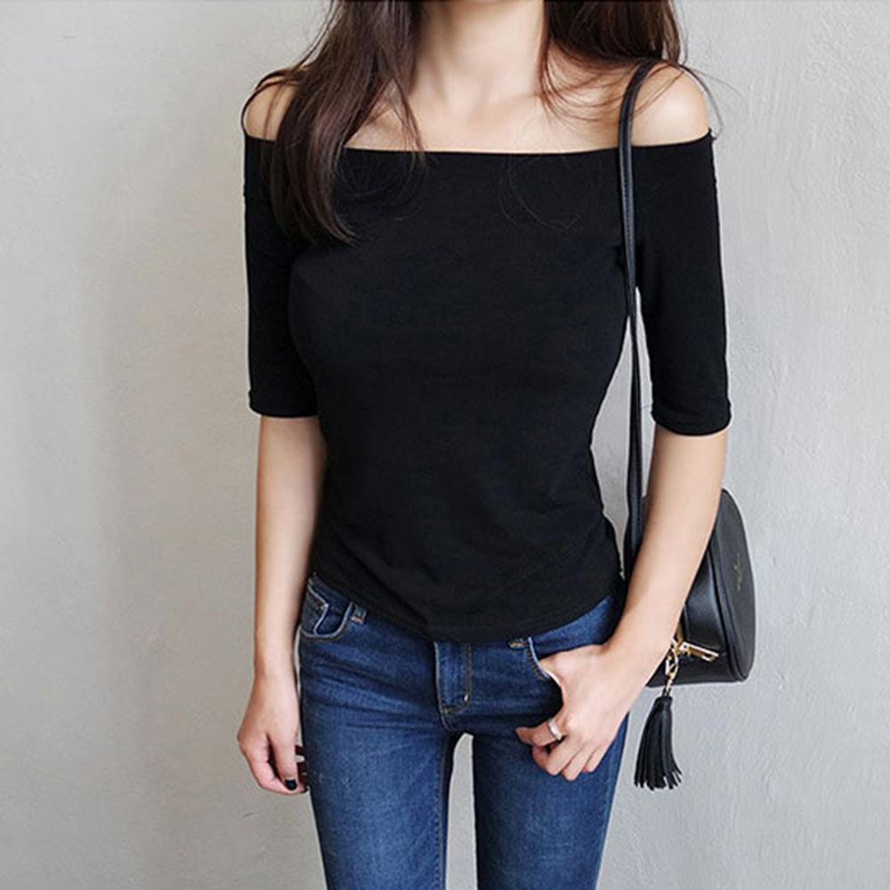 Women Off Shoulder 3/4 Sleeve Ribbed Knit Top Slim Fit Casual Blouse Y2K Streetwear