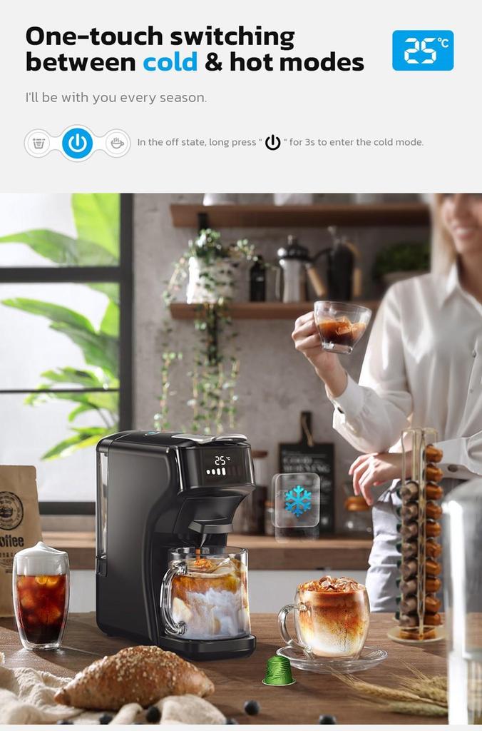 HiBREW Капсульная кофеварка H1B 5 в 1, резервуар для воды 600 мл, давление экстракции 19 бар, режим холодной/горячей воды, светодиодный индикатор - вилка европейского стандарта