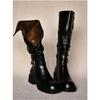 Cowhide Version~ Round Head Thick Heel Metal Buckle Two Wear Lapel High Knight Boots Women's Thin Brown Stacking Boots