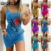 Women Elegant Summer Floral Letter Print Denim Bodycon Mini Slim Dress Sleeveless Pocket Design