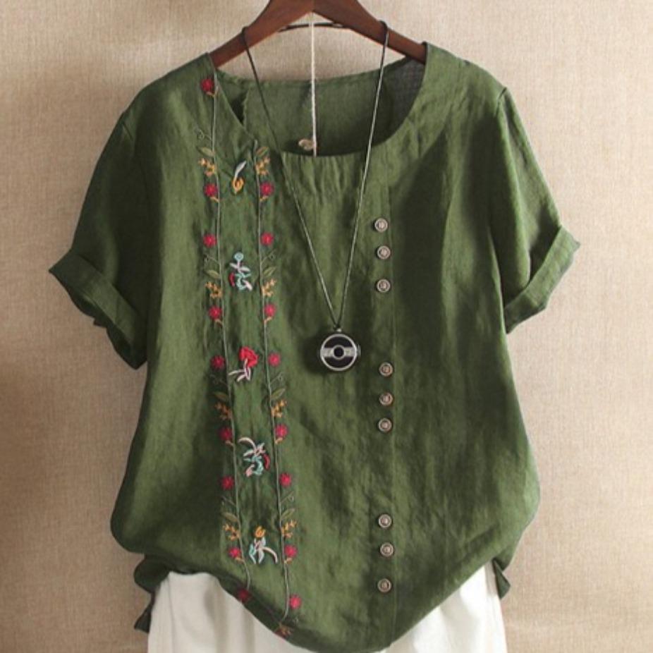 Женская футболка большого размера, хлопково-льняная блузка с вышивкой, футболки с короткими рукавами и пуговицами, летний топ, одежда для мам