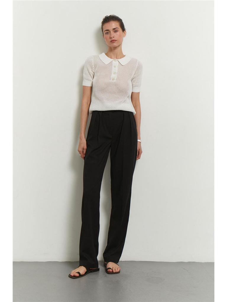 Women's 2025 Summer See-Through Short-Sleeve Knitted Top with Turn-Down Collar