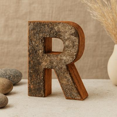 Wooden Letter R Rustic With Bark, 7cm