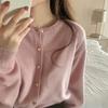 Women Knitting Cardigan Round Neck Long Sleeve Ribbed Trim Sweater Coat Single Breasted Loose Fit Solid