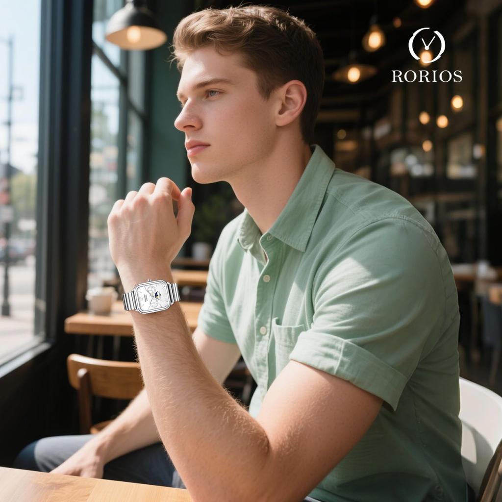 RORIOS Квадратные аналоговые часы с и Звездная дата и День недели Часы из нержавеющей стали Популярные для и Работа Белые Мужские Солнце, Луна, Дисплей, Дисплей,