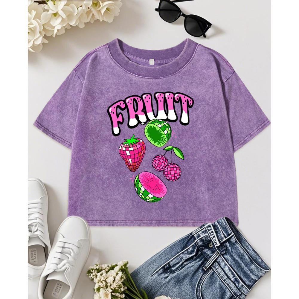 Fruit Strawberry Cherry Kiwi Print Washed T-Shirt Women Slim Y2K Crop T Shirts Cotton Summer Tops O-Neck Short Sleeve