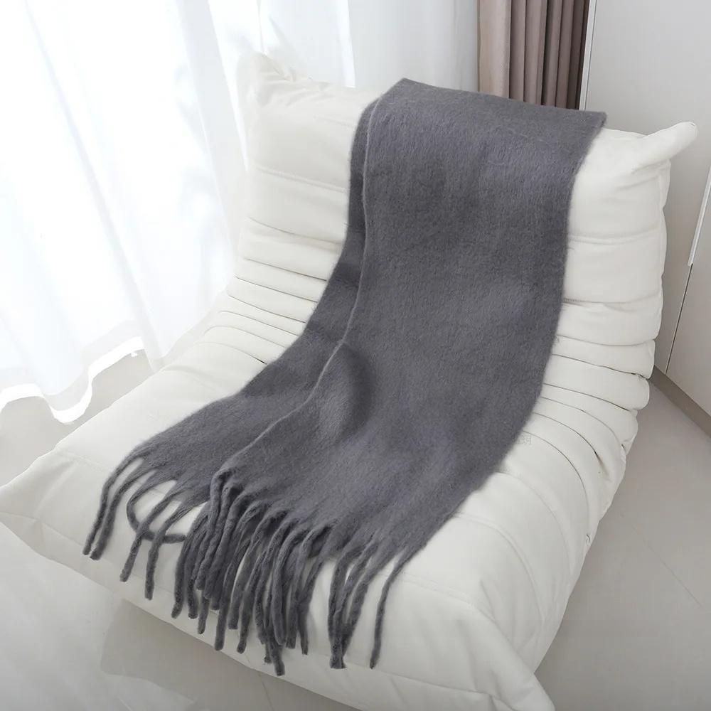 Thickened Extended Solid Color Scarf Women's Autumn Winter Korean Style Angora Student Shoulder Wrap Neck Warmer Pink Macaron