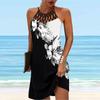 Летнее модное сексуальное платье без рукавов. Мягкое повседневное 3D черно-белое платье с цветочным принтом. Платье без рукавов. Летнее платье на подтяжках.
