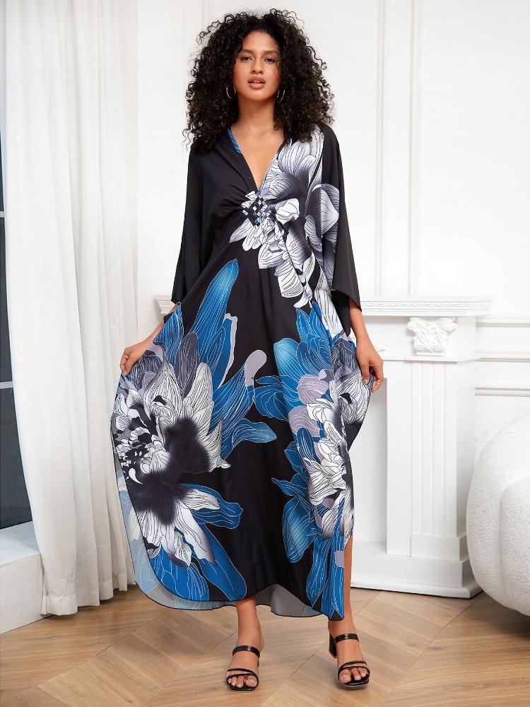 EDOLYNSA Универсальный синий женский халат-кафтан, легкая куртка, кафтан, халат, длинное платье для отпуска, хит продаж, наряд для отдыха Q1289