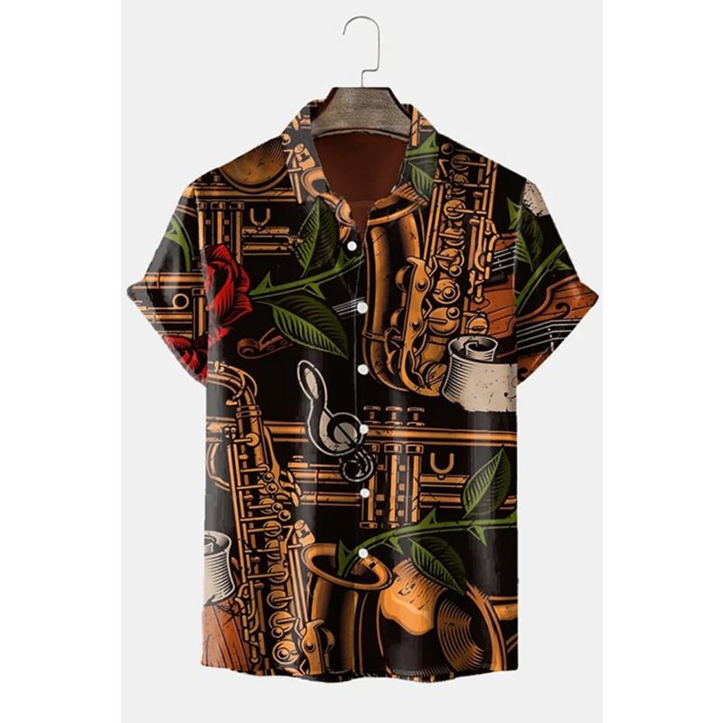 Men's Casual Shirt 3D Music Note Printed Hawaiian Men's Short Sleeve Lining