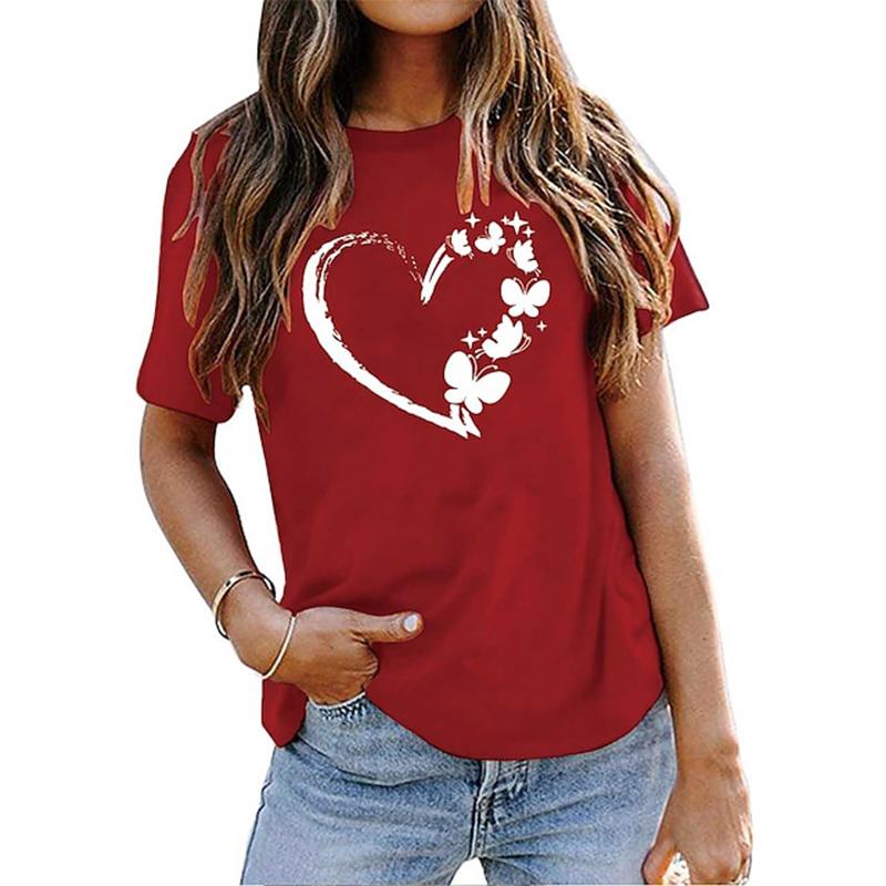 Women's Summer T-shirt Blue Heart Printed Short Sleeved T-shirt Casual Printed Top