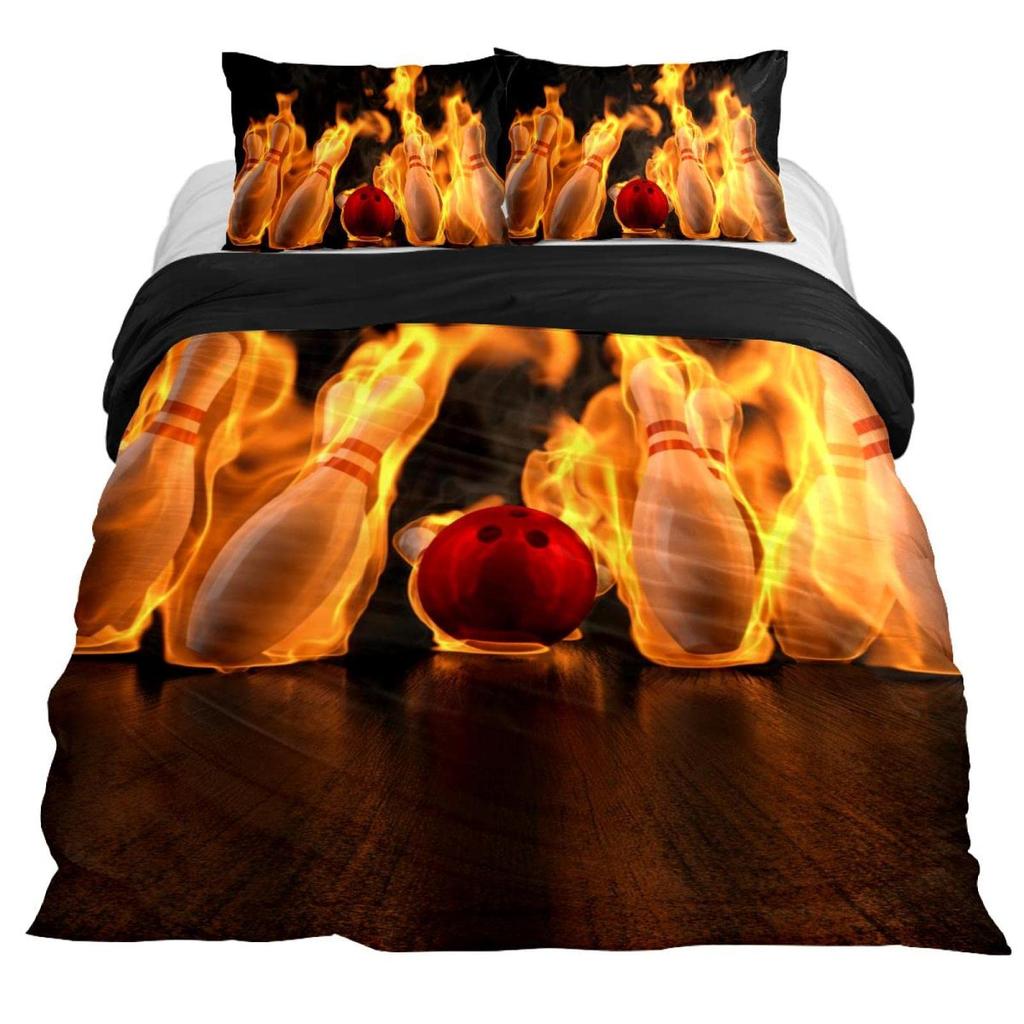 Постельный набор для боулинга 3 предмета Удар страйк в боулинге с рисунком огненного взрыва Пододеяльник на спортивную тематику из микрофибры