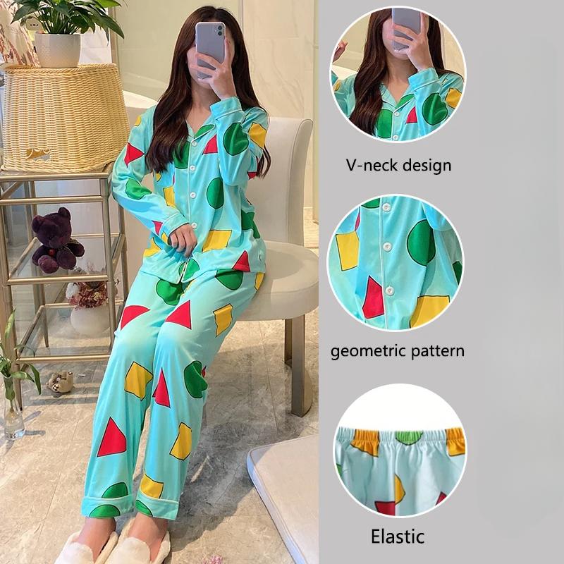 Girl Pajamas Cardigan Lapel Trousers Set Geometric Pattern Long-Sleeved Ladies Homewear Fashion Soft Sleepwear