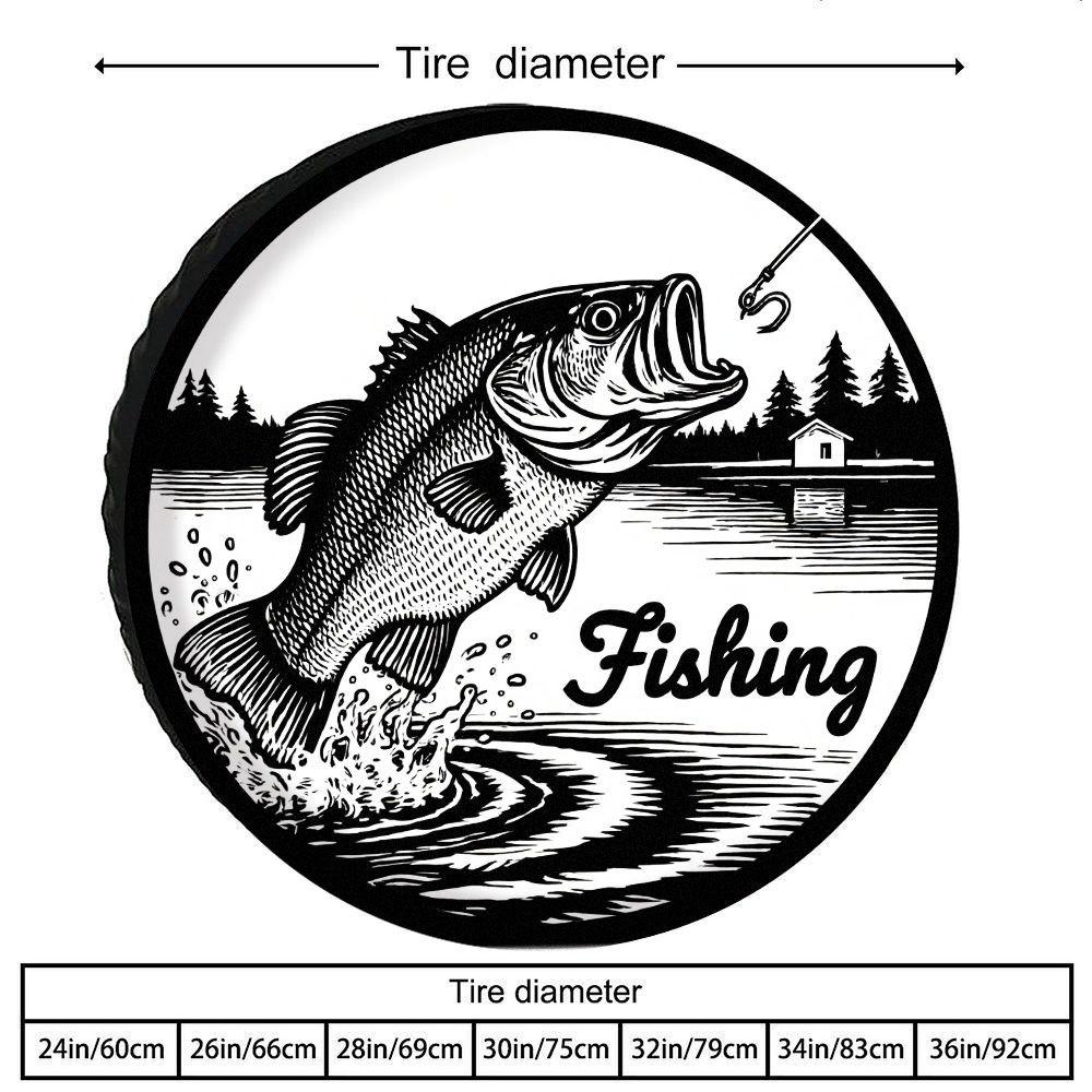 Fishing Bass Jumping Tire Cover Woodcut Style Polyester Spare Wheel Protector for RV SUV Truck