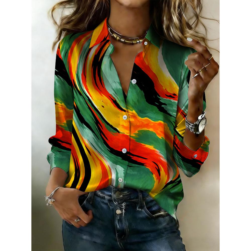 Women's retro abstract print satin blouse with button collar. Suitable for individualized outfits. Full print design, suitable for all seasons.
