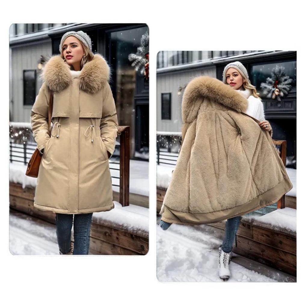 Женская осенне-зимняя куртка, парка, утепленная хлопковая подкладка, средней длины, с меховым воротником и капюшоном, регулируемая талия, сплошной цвет