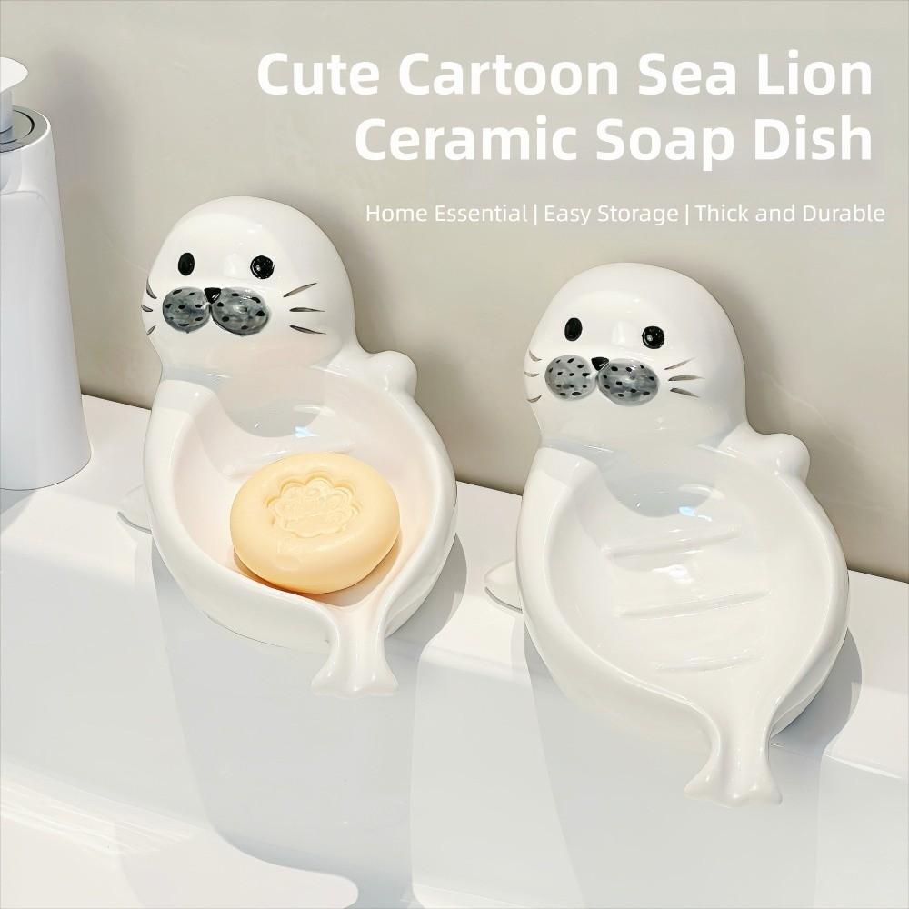 Cute Self Draining Soap Holder Drainable Bathroom Decor Organizer Sea Lion Soap Dish Household