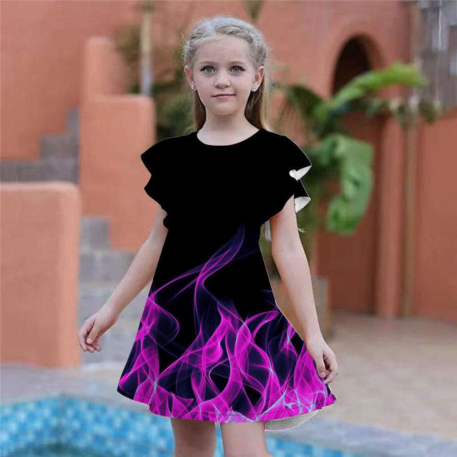 Платья с принтом синего пламени для девочек. Детское праздничное платье для девочек. Свободный крой. Свободная юбка с короткими рукавами для девочек старше четырех лет.