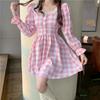 Japanese Autumn Women Mini Lolita Dress Square Collar With Lace Pink Plaid Black Beading Dress Flare Sleeve Cute Kawaii Feminine Dress