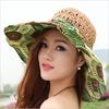 Fashion Sun Hat For Women Holiday Beach Straw Hat Female Hollow Printed Bow Summer Big Brim Hat Fold Uv Protection Floppy Hat