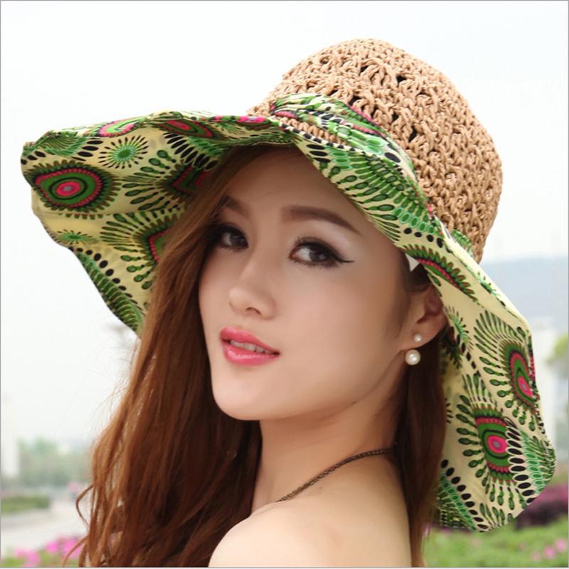 Fashion Sun Hat For Women Holiday Beach Straw Hat Female Hollow Printed Bow Summer Big Brim Hat Fold Uv Protection Floppy Hat