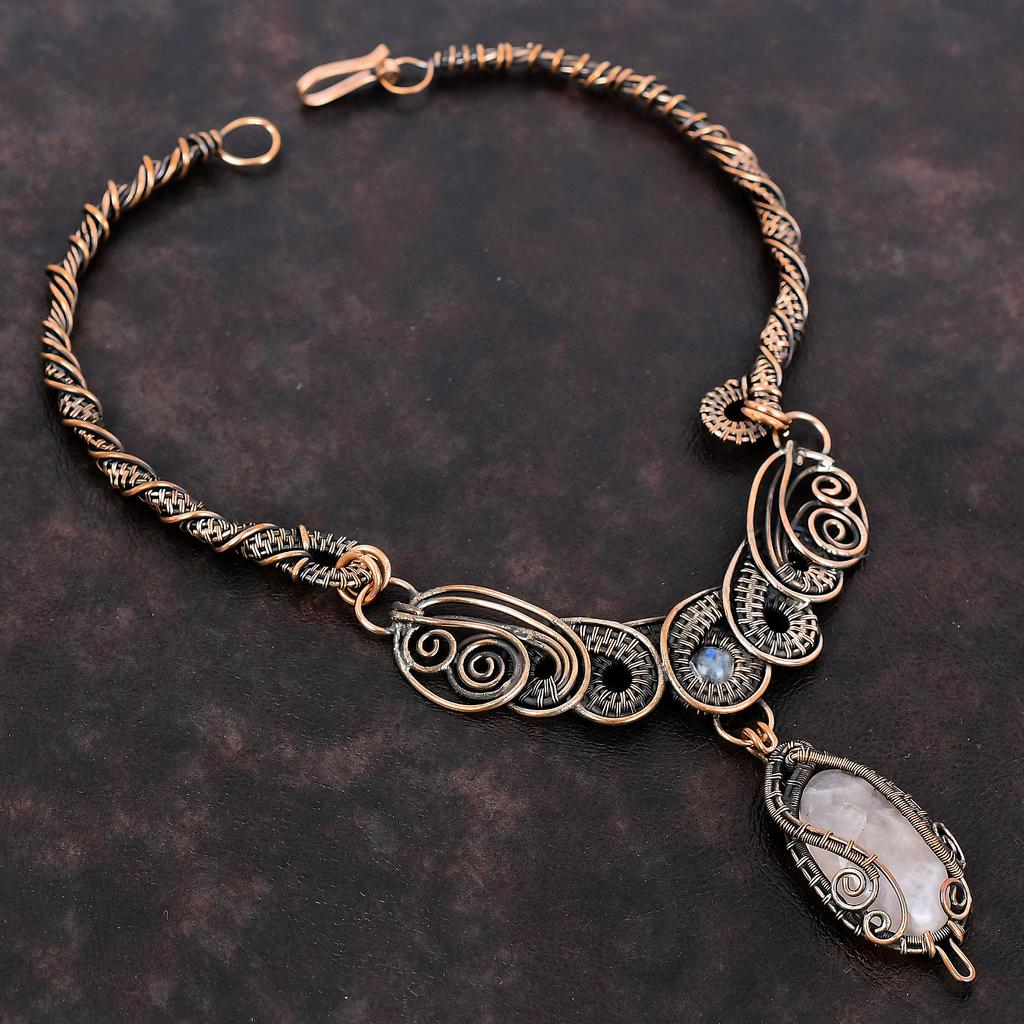 Ожерелье из розового кварца, ожерелье из медной проволоки, радужное ожерелье из лунного камня, изящные медные украшения ручной работы, ожерелье из драгоценных камней, подарок для женщин