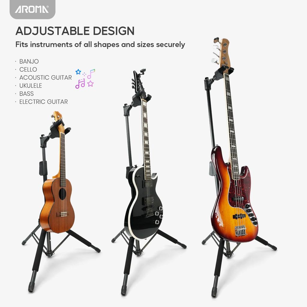 Aroma Portable Guitar Floor Stand with Neck Height Stable Compatible with Guitars and Basses Stand, Tripod-Style Auto-Lock Holder, One-Touch