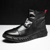 Fashion Casual Thick Sole Raising Board Shoes Men's Trend Fashion Leather Comfortable High Top Waterproof Ankle Boots Retro Black Men