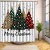Праздничная Рождественская Шторка для Душа с Крючками - Текст 'Merry Christmas', Леопардовый Клетчатый и Золотой Блестящий Дизайн Елки