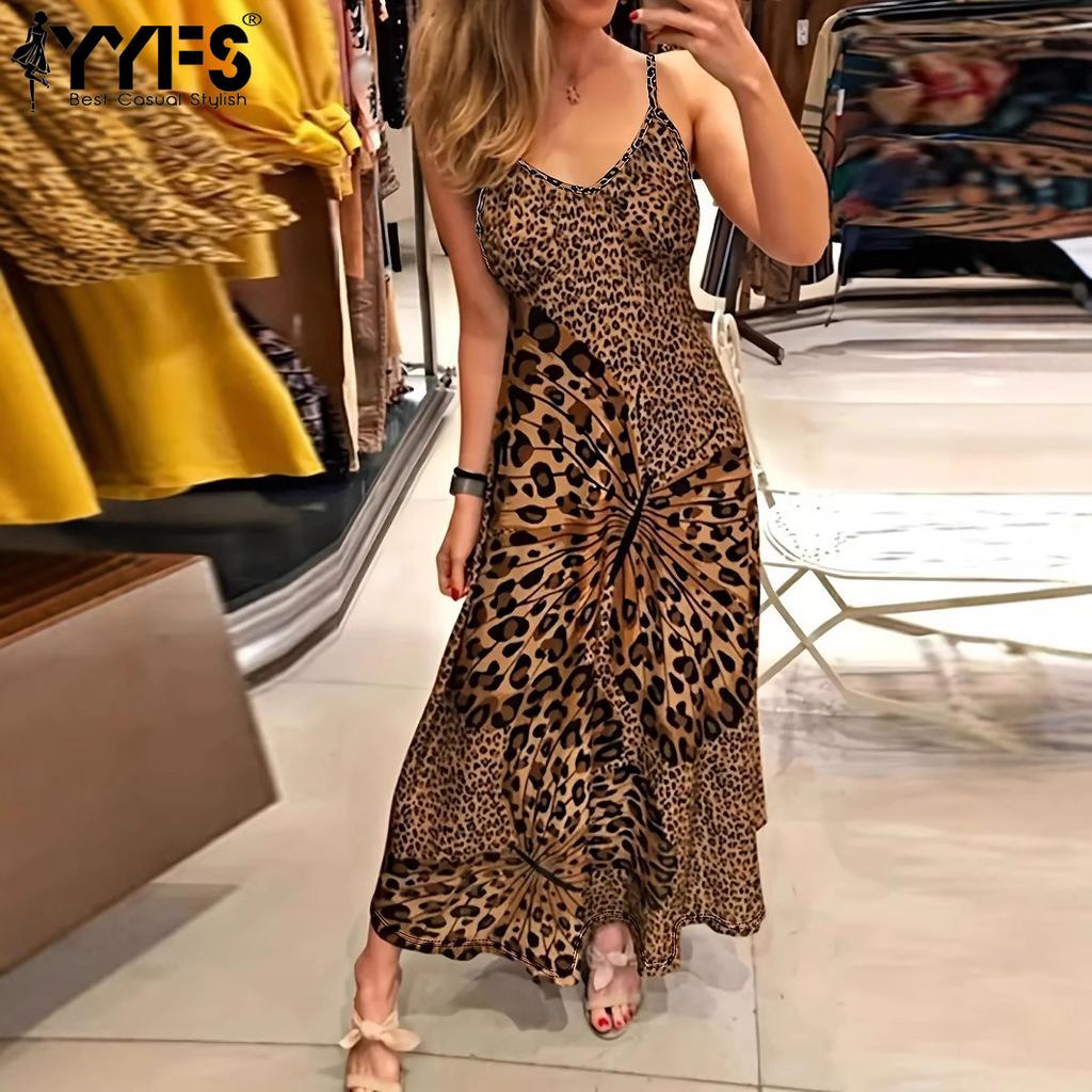 YYFS Женская мода лето весна леопардовый принт без рукавов V-образным вырезом с высокой талией повседневные платья