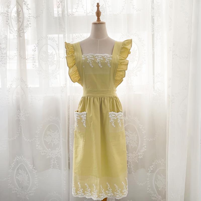 Washed Cotton Linen Lace Kitchen Aprons Flower Shop Garden Ruffles Work Clean Apron for Woman Dress