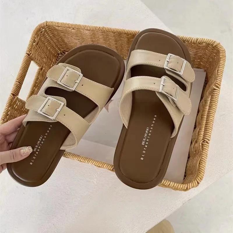 Fashion New Summer Solid Color Buckle Flat Bottom Women's Slippers for Outdoor Wear Home Women Slippers Retro Casual Temperament Sandals