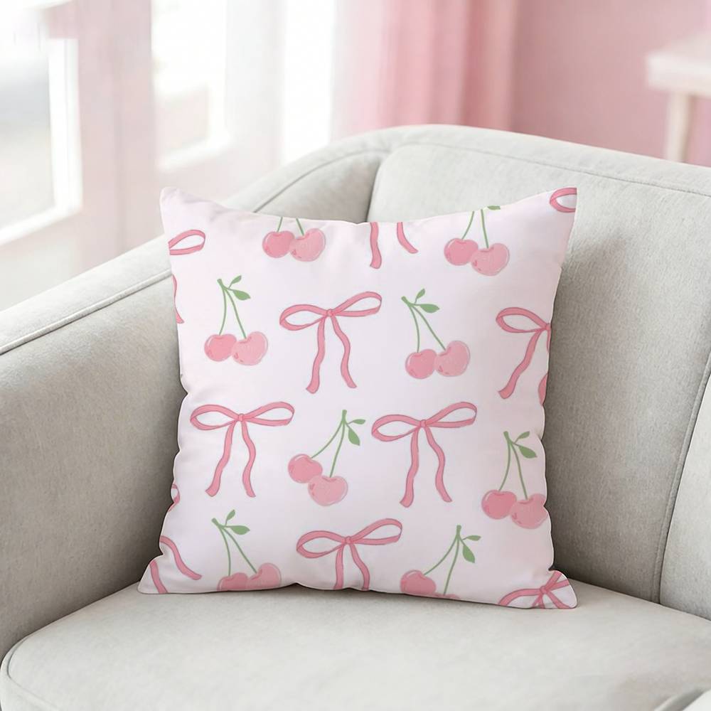 Pink Bow Cherry Pattern Pillow Case For Sofa Living Room Home Office Decor Protective Cover