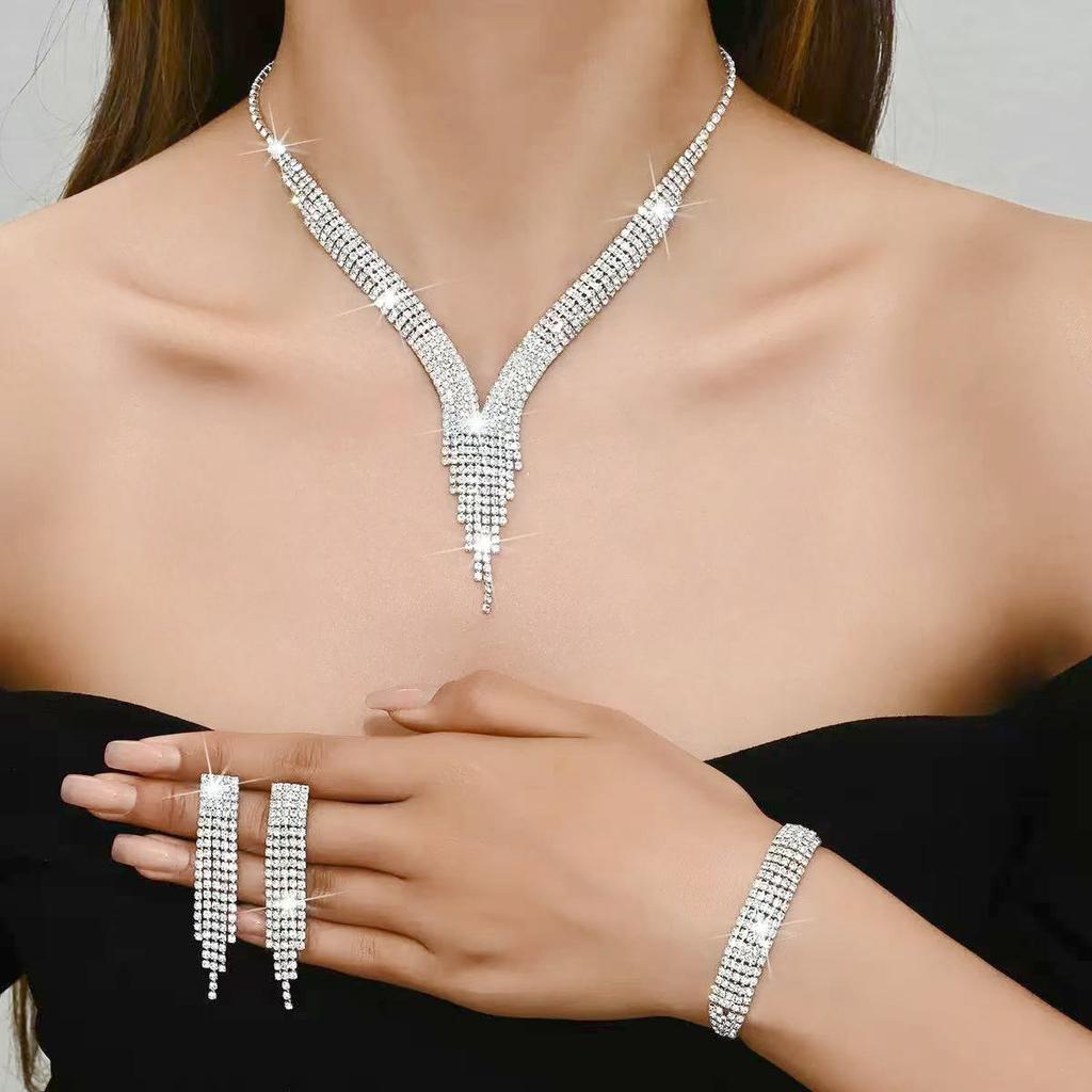 Fashion Rhinestone 3 - Piece Set Necklace Earrings Bracelet Cubic Zirconia Fringe Jewelry Set for Women