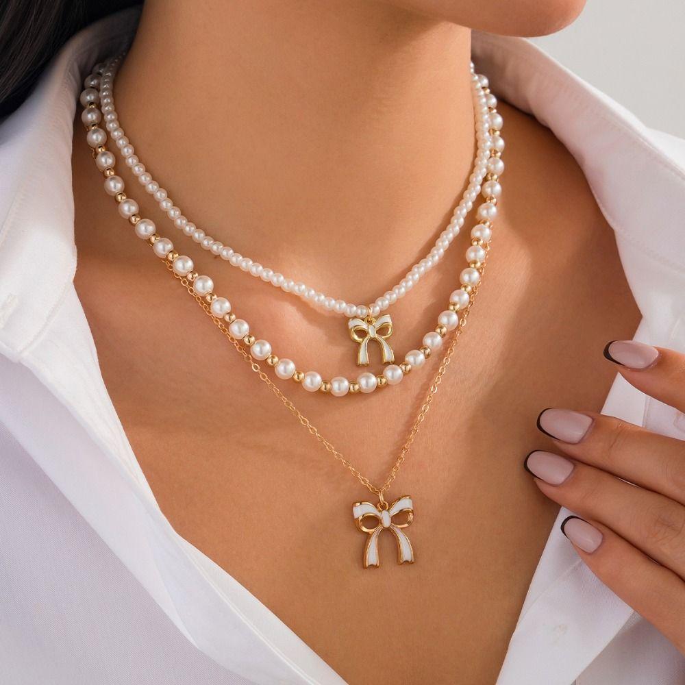 Bead Clavicle Chain Women Sun Moon Star Bowknot Clavicle Necklace Y2K Multilayer Necklace Girls