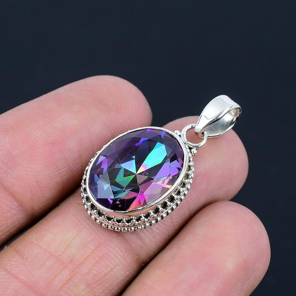 Подвеска из натурального мистического топаза с драгоценным камнем, серебро 925 пробы, многоцветный драгоценный камень, подвеска ручной работы, ювелирный подарок на День святого Валентина