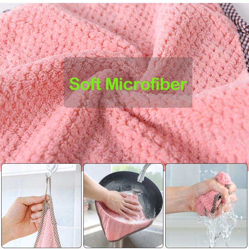 5Pcs Kitchen Towels Coral Fleece Hangable Cleaning Cloth for Tableware Dish Cloth Microfiber Absorbent Household Cleaning Towels