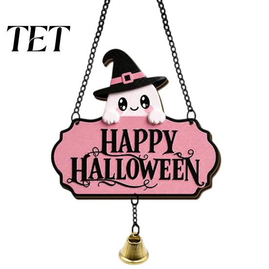 Decorative Skull Doorbell Halloween Cute Witch Hat Ghost Door Sign, Wooden Hanging Decoration, Pink Sign Pendants for Indoor Outdoor Home Wall