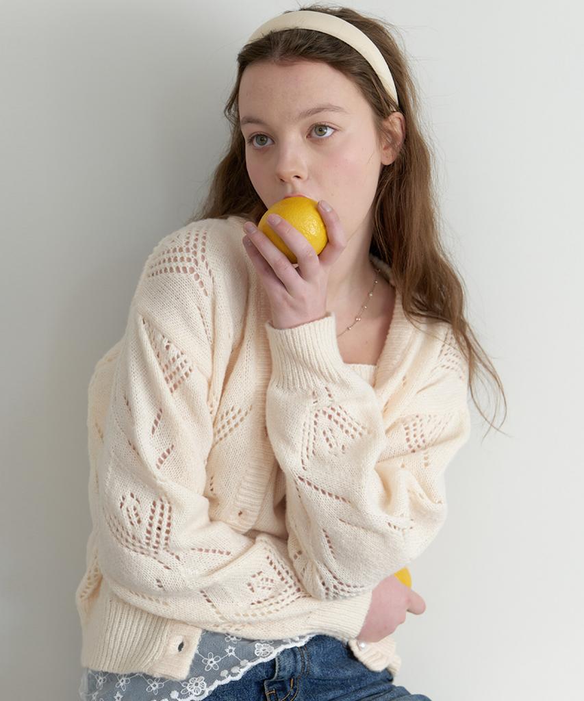 CLUNY [Set] Stitch Lace Pointelle Knit Cardigan - Indi Pink