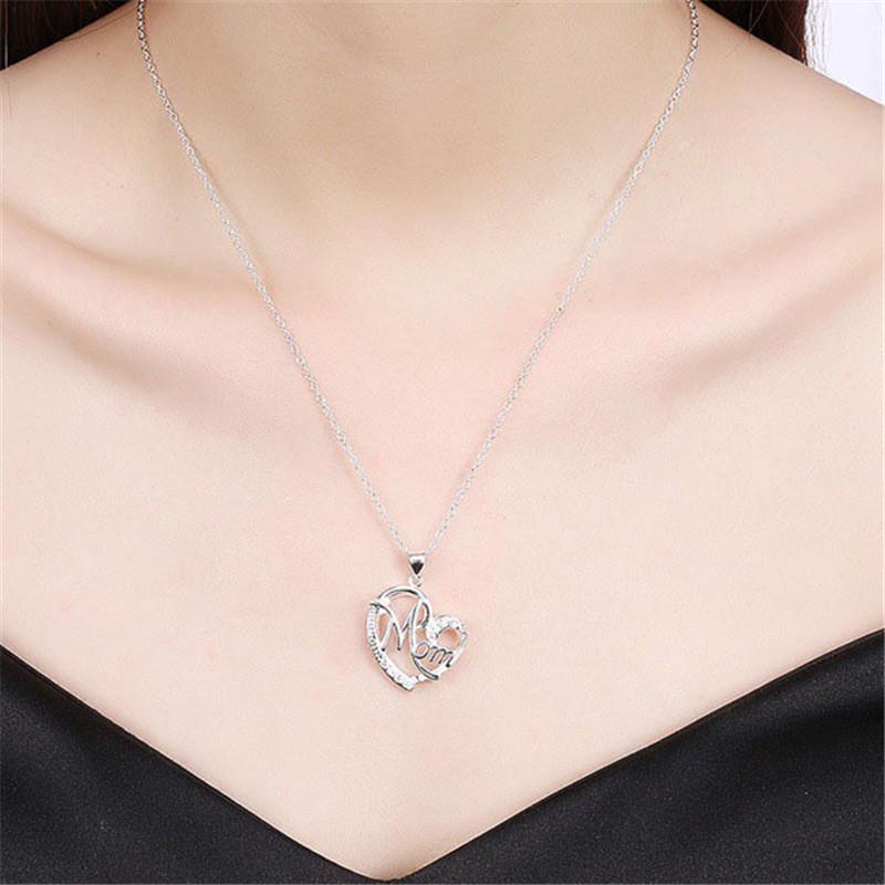 Mom Heart-shaped Pendant Diamond Letter Alloy Rhinestone Women Necklace Jewelry Mother Gift